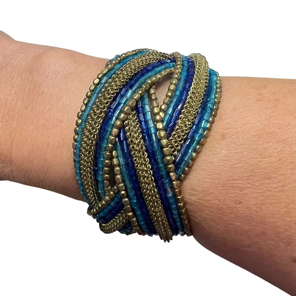 Beaded Cuff Bracelet Blue Gold Tone Statement‎ Bohemian Fashion Jewelry